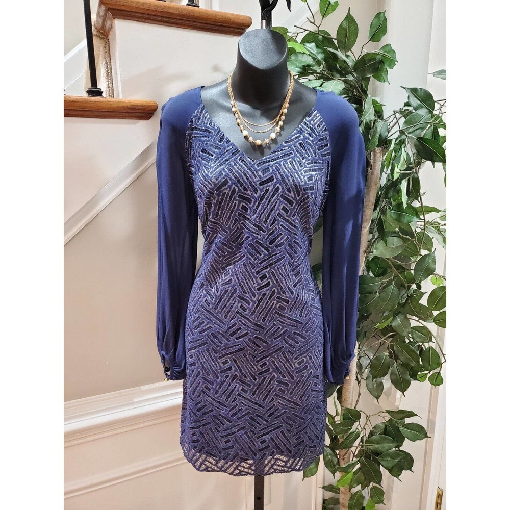 Lilly Pulitzer Women's Blue Nylon V-Neck Long Sleeve Knee Length Dress Size 0